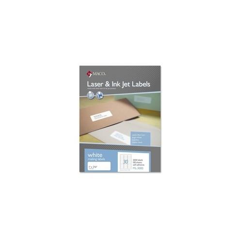 MACO White Laser/Ink Jet Address Label - Permanent Adhesive - 1" Width x 2 5/8" Length - Rectangle - Laser, Inkjet - White - 30 / Sheet - 3000 / Box
