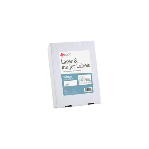 MACO White Laser/Ink Jet Address Label - Permanent Adhesive - 1" Width x 2 5/8" Length - Rectangle - Laser, Inkjet - White - 30 / Sheet - 7500 / Box