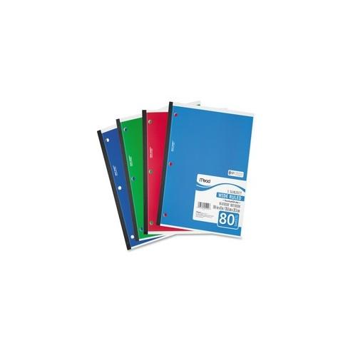 Mead 05222 1-Subject Wireless Notebook - 80 Sheets - Ruled - 8" x 10 1/2" - White Paper - Green, Blue, Red, Light Blue Cover - Perforated - 1Each