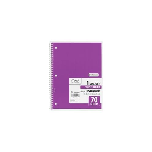 Mead Spiral Bound Wide Ruled Notebooks - 70 Sheets - Spiral - Wide Ruled - 8" x 10 1/2" - White Paper - Assorted Cover - 1Each