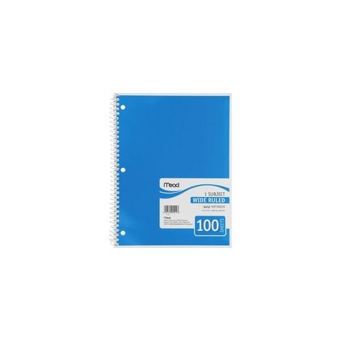 Mead Spiral Bound Wide Ruled Notebooks - 100 Sheets - Spiral - 8" x 10 1/2" - White Paper - Assorted Cover - Back Board - 1Each