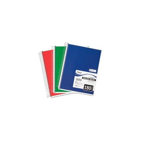 Mead 5-subject Spiral Notebook - 180 Sheets - Wire Bound - College Ruled - 7 1/2" x 10 1/2" - White Paper - Blue, Green, Red Cover - Divider, Compact, Subject - 1Each