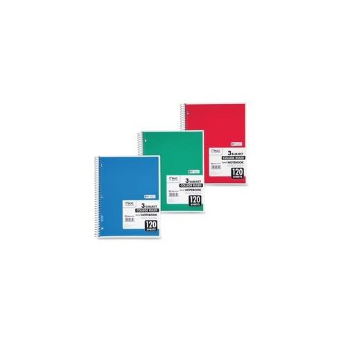 Mead 3 - Subject Wirebound College Ruled Notebooks - Letter - 120 Sheets - Spiral - 8 1/2" x 11" - White Paper - Back Board - 1Each
