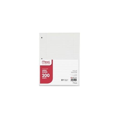 Mead 3-Hole Punched Wide-ruled Filler Paper - 200 Sheets - Ruled Red Margin - 8" x 10 1/2" - White Paper - 1 / Pack