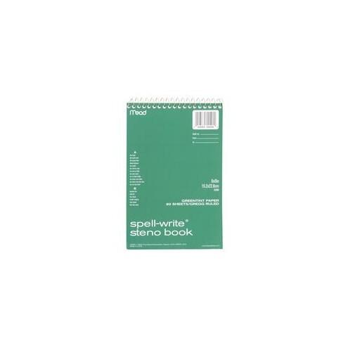 Mead Spell-Write Steno Book - 80 Sheets - Wire Bound - 6" x 9" - Green Paper - Cardboard Cover - 1Each