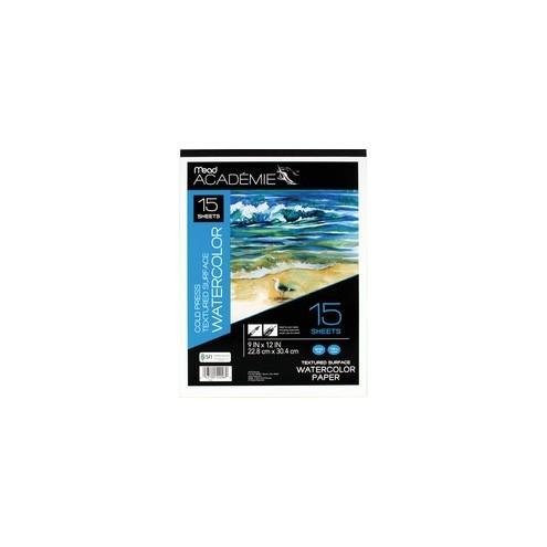 Mead Academie Textured Watercolor Paper Pad - 15 Sheets - Tape Bound - 9" x 12" - White Paper - Lignin-free, Acid-free, Fade Resistant - 1Each