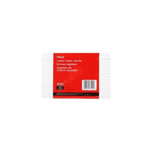 Mead 90 lb Stock Index Cards - Ruled Red Margin - 90 lb Basis Weight - 4" x 6" - White Paper - Sturdy - 100 / Pack