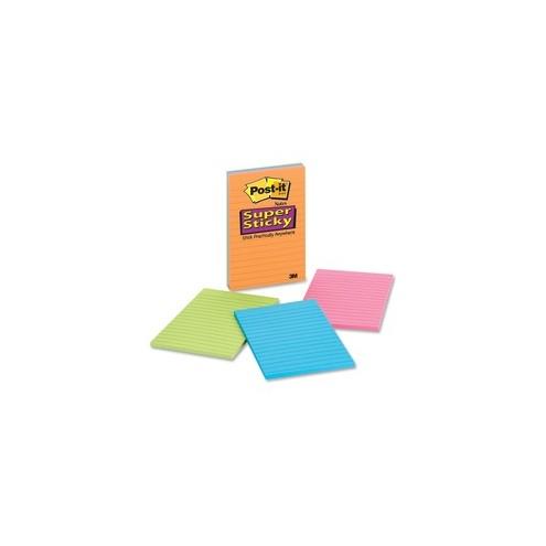 Post-it&reg; Super Sticky Electric Glow Lined Notes - 4" x 6" - Rectangle - Ruled - Assorted - Paper - Self-adhesive - 4 / Pack
