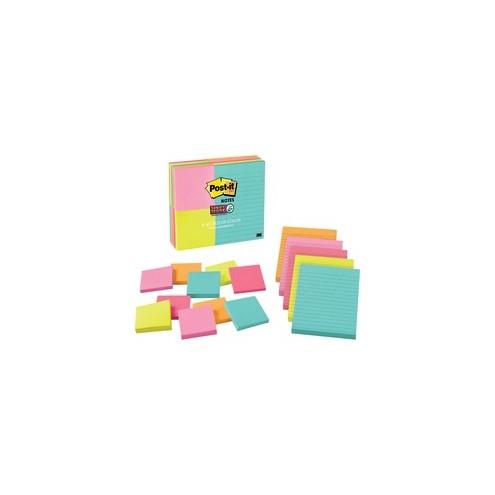 Post-it&reg; Super Sticky Notes - Miami Color Collection - 3" x 3" , 4" x 6" - Square, Rectangle - 90 Sheets per Pad - Unruled, Ruled - Assorted - Self-adhesive, Self-stick - 15 / Pack