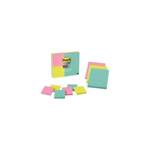 Post-it&reg; Super Sticky Notes - Miami Color Collection - 3" x 3" , 4" x 6" - Square, Rectangle - 90 Sheets per Pad - Assorted - Paper - Sticky, Recyclable - 9 / Pack