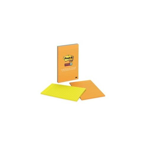 Post-it&reg; Super Sticky Lined Notes - Rio de Janeiro Color Collection - 180 - 5" x 8" - Rectangle - 45 Sheets per Pad - Ruled - Assorted - Paper - Self-adhesive - 4 / Pack