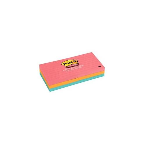 Post-it&reg; Notes Original Lined Notepads - Cape Town Color Collection - 600 - 3" x 3" - Square - 100 Sheets per Pad - Ruled - Assorted - Paper - Self-adhesive, Repositionable - 6 / Pack