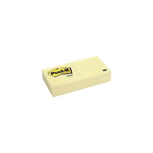 Post-it&reg; Notes Original Lined Notepads - 600 x Canary Yellow - 3" x 3" - Square - 100 Sheets per Pad - Ruled - Canary Yellow - Paper - Self-adhesive, Repositionable, Removable - 6 / Pack