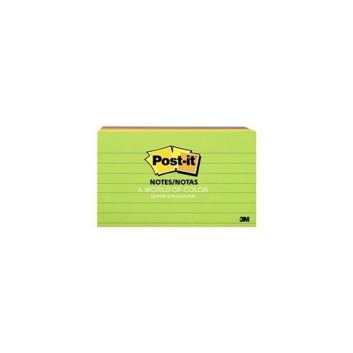 Post-it&reg; Notes Original Lined Notepads - Jaipur Color Collection - 500 - 3" x 5" - Rectangle - 100 Sheets per Pad - Ruled - Assorted - Paper - Self-adhesive, Repositionable - 5 / Pack