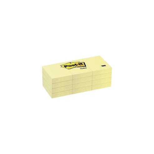 Post-it&reg; Notes Original Notepads - 100 - 1.50" x 2" - Rectangle - 100 Sheets per Pad - Unruled - Canary Yellow - Paper - Self-adhesive, Repositionable - 12 / Pack