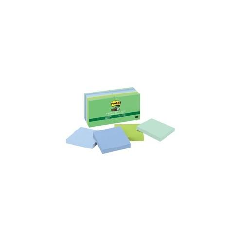 Post-it&reg; Super Sticky Recycled Notes - Bora Bora Color Collection - 1080 - 3" x 3" - Square - 90 Sheets per Pad - Unruled - Assorted - Paper - Self-adhesive - 12 / Pack