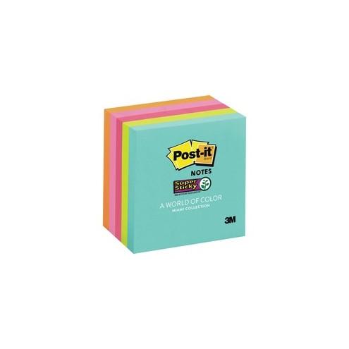 Post-it&reg; Super Sticky Notes - Miami Color Collection - 3" x 3" - Square - 90 Sheets per Pad - Multicolor - Paper - Recyclable, Repositionable - 5 / Pack