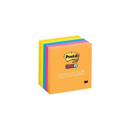 Post-it&reg; Super Sticky Notes - Rio de Janeiro Color Collection - 450 - 3" x 3" - Square - 90 Sheets per Pad - Unruled - Assorted - Paper - Self-adhesive - 5 / Pack