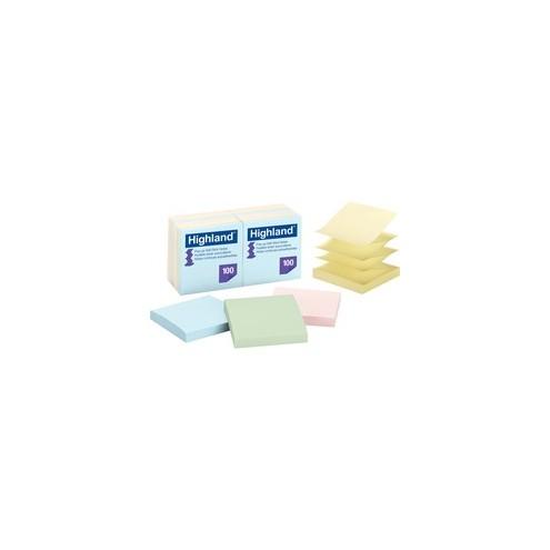 Highland Self-sticking Pastel Pop-up Notepads - 1200 - 3" x 3" - Square - 100 Sheets per Pad - Unruled - Assorted Pastel - Paper - Pop-up, Self-adhesive, Repositionable, Removable - 12 / Pack