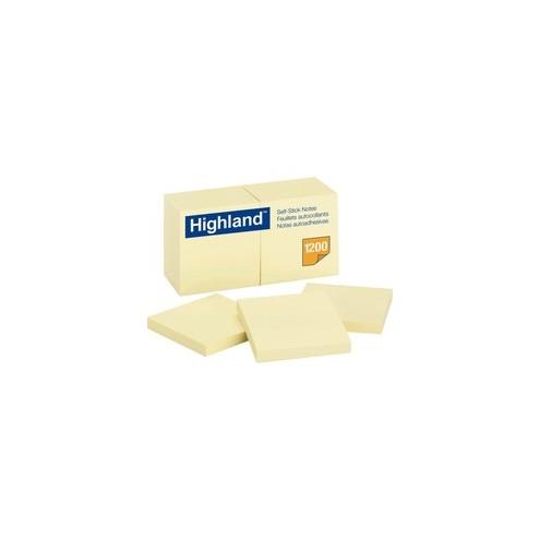 Highland Self-Sticking Notepads - 1200 - 3" x 3" - Square - 100 Sheets per Pad - Unruled - Yellow - Paper - Self-adhesive - 12 / Pack