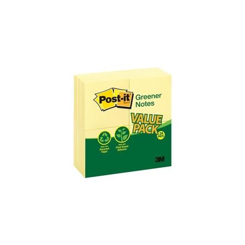 Post-it&reg; Greener Notes Value Pack - 2400 - 3" x 3" - Square - 100 Sheets per Pad - Unruled - Canary Yellow - Paper - Self-adhesive, Repositionable - 2400 / Pack