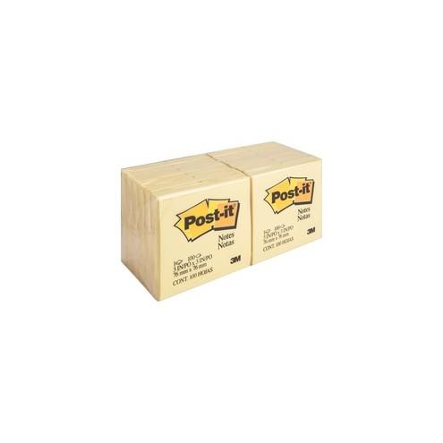 Post-it&reg; Notes Original Notepads - 100 - 3" x 3" - Square - 100 Sheets per Pad - Unruled - Canary Yellow - Paper - Self-adhesive, Repositionable - 12 / Pack