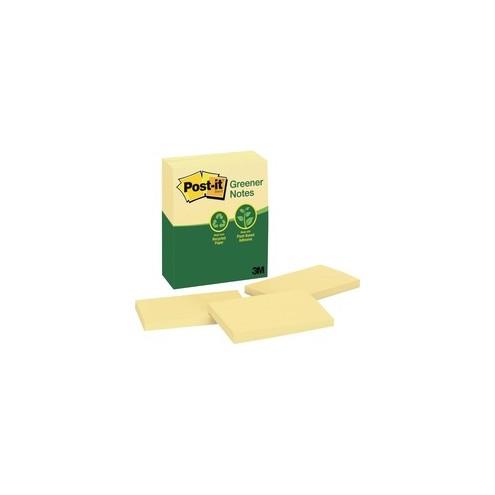 Post-it&reg; Greener Notes - 1200 - 3" x 5" - Rectangle - 100 Sheets per Pad - Unruled - Canary Yellow - Paper - Self-adhesive, Repositionable - 12 / Pack