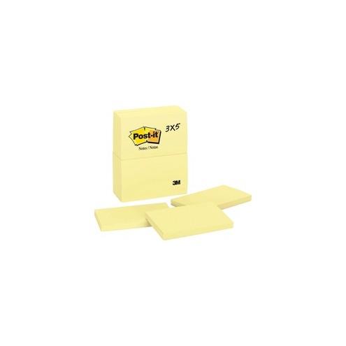 Post-it&reg; Notes Original Notepads - 100 - 3" x 5" - Rectangle - 100 Sheets per Pad - Unruled - Canary Yellow - Paper - Self-adhesive, Repositionable - 12 / Pack