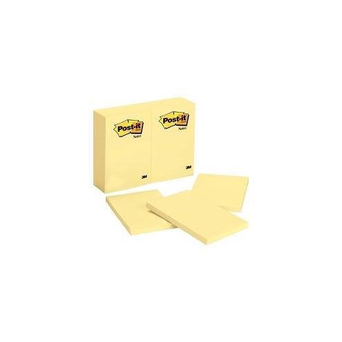 Post-it&reg; Notes Original Notepads - 100 - 4" x 6" - Rectangle - 100 Sheets per Pad - Unruled - Canary Yellow - Paper - Self-adhesive, Repositionable - 12 / Pack