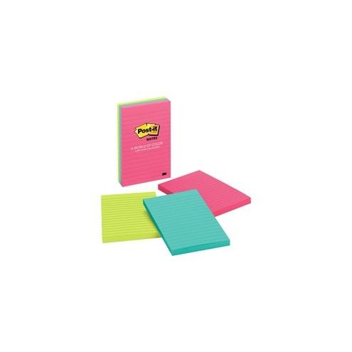 Post-it&reg; Notes Original Lined Notepads - Cape Town Color Collection - 300 - 4" x 6" - Rectangle - 100 Sheets per Pad - Ruled - Assorted - Paper - Self-adhesive, Repositionable - 3 / Pack