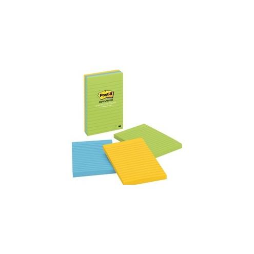 Post-it&reg; Notes Original Lined Notepads - Jaipur Color Collection - 300 - 4" x 6" - Rectangle - 100 Sheets per Pad - Ruled - Assorted - Paper - Self-adhesive, Repositionable - 3 / Pack