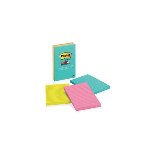 Post-it&reg; Super Sticky Notes - Miami Color Collection - 270 x Multicolor - 4" x 6" - Rectangle - 90 Sheets per Pad - Ruled - Multicolor - Paper - Self-adhesive, Recyclable - 3 / Pack