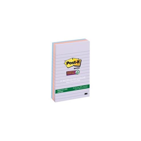 Post-it&reg; Super Sticky Lined Recycled Notes - Bali Color Collection - 270 - 4" x 6" - Rectangle - 90 Sheets per Pad - Ruled - Assorted - Paper - 3 / Pack