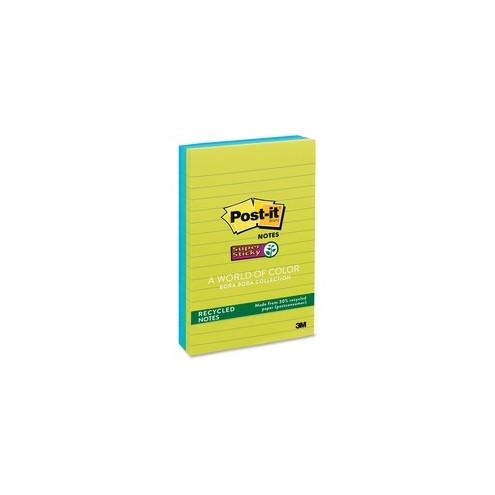 Post-it&reg; Super Sticky Notes - Bora Bora Color Collection - 270 - 4" x 6" - Rectangle - 90 Sheets per Pad - Ruled - Assorted - Paper - Self-adhesive - 3 / Pack