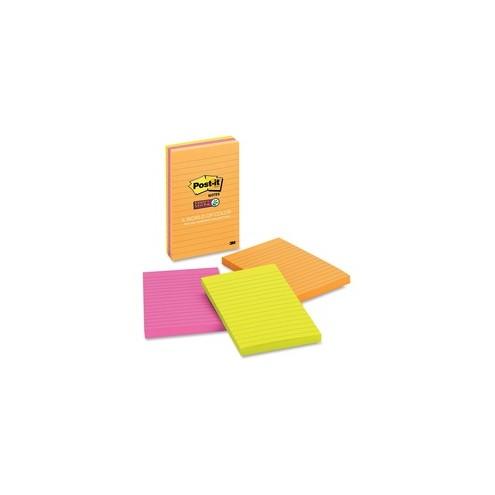 Post-it&reg; Super Sticky Notes - Rio de Janeiro Color Collection - 270 x Assorted - 4" x 6" - Rectangle - 90 Sheets per Pad - Ruled - Assorted - Paper - Self-adhesive, Recyclable - 3 / Pack