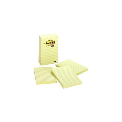 Post-it&reg; Notes Original Lined Notepads - 500 - 4" x 6" - Rectangle - 100 Sheets per Pad - Ruled - Canary Yellow - Paper - Self-adhesive, Repositionable - 5 / Pack