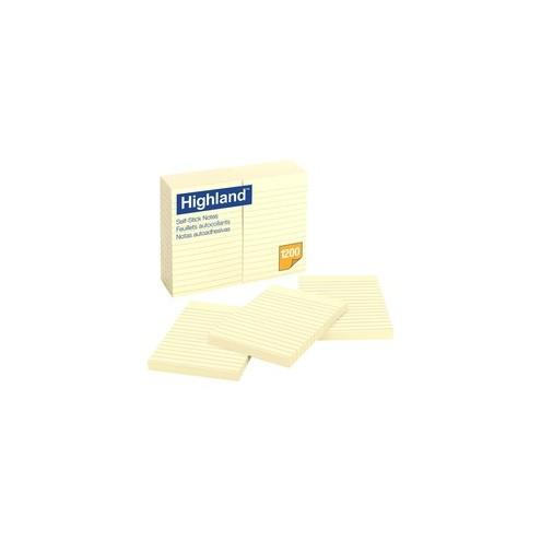 Highland Self-sticking Lined Notepads - 1200 - 4" x 6" - Rectangle - 100 Sheets per Pad - Ruled - Yellow - Paper - Self-adhesive - 12 / Pack