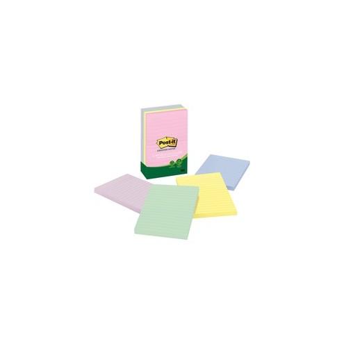 Post-it&reg; Greener Lined Notes - Helsinki Color Collection - 500 x Assorted - 4" x 6" - Rectangle - 100 Sheets per Pad - Ruled - Assorted - Paper - Self-adhesive, Repositionable - 5 / Pack