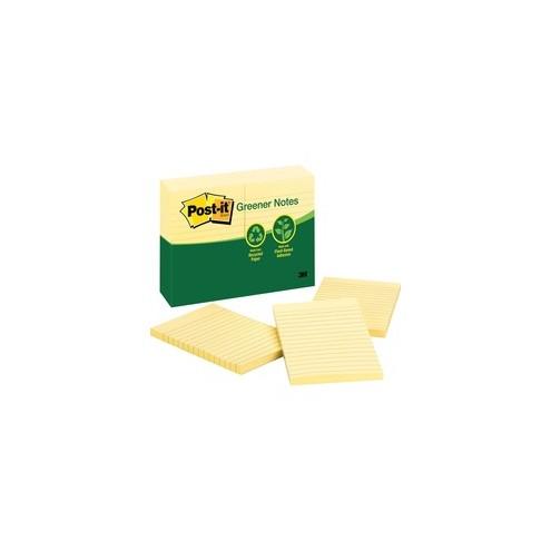 Post-it&reg; Greener Lined Notes - 1200 - 4" x 6" - Rectangle - 100 Sheets per Pad - Ruled - Canary Yellow - Paper - Self-adhesive, Repositionable - 12 / Pack