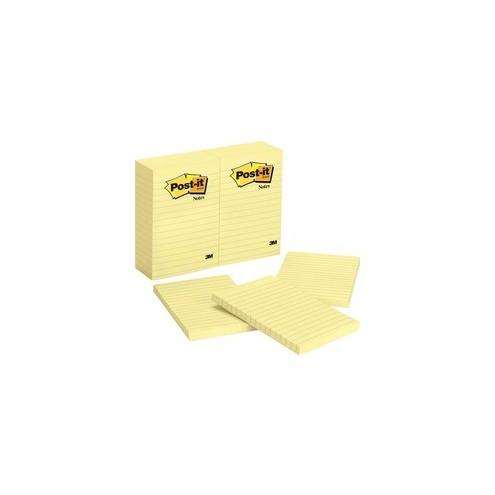 Post-it&reg; Notes Original Lined Notepads - 100 - 4" x 6" - Rectangle - 100 Sheets per Pad - Ruled - Canary Yellow - Paper - Self-adhesive, Repositionable