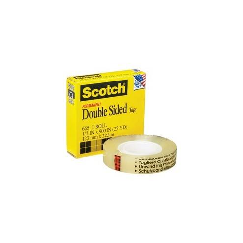 Scotch Permanent Double-Sided Tape - 1/2"W - 25 yd Length x 0.50" Width - 1" Core - Permanent Adhesive Backing - 1 Roll - Clear