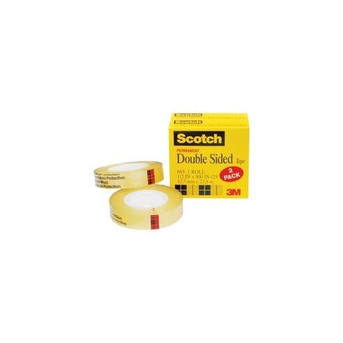 Scotch Permanent Double-Sided Tape - 1/2"W - 25 yd Length x 0.50" Width - 1" Core - Acrylate - 3 mil - Permanent Adhesive Backing - 2 / Pack - Clear