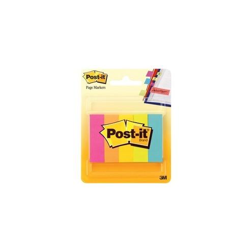 Post-it&reg; Page Markers - 1/2"W - 100 - 0.50" x 2" - Rectangle - Unruled - Bright Assorted - Paper - Removable, Self-adhesive - 5 / Pack