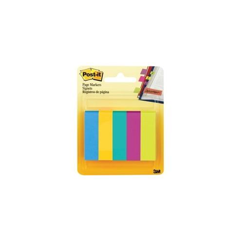 Post-it&reg; Page Markers - 1/2"W - Bright Colors - 100 - 0.50" x 2" - Rectangle - Unruled - Assorted - Paper - Removable, Self-adhesive - 5 / Pack