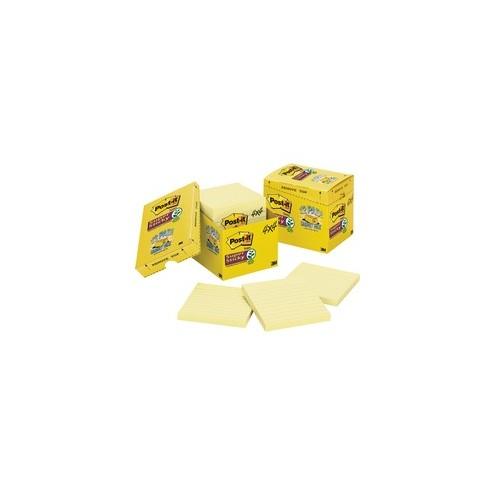 Post-it&reg; Super Sticky Lined Notes Cabinet Pack - 1080 - 4" x 4" - Square - 90 Sheets per Pad - Ruled - Canary Yellow - Paper - Self-adhesive, Repositionable - 12 / Pack