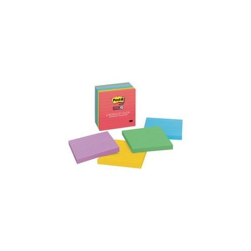 Post-it&reg; Super Sticky Lined Notes - Marrakesh Color Collection - 540 - 4" x 4" - Square - 90 Sheets per Pad - Ruled - Assorted - Paper - Self-adhesive - 6 / Pack