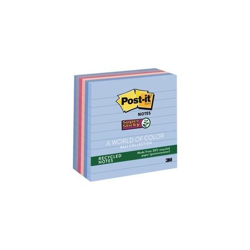 Post-it&reg; Super Sticky Lined Recycled Notes - Bali Color Collection - 540 - 4" x 4" - Square - 90 Sheets per Pad - Ruled - Assorted - Paper - Self-adhesive - 6 / Pack