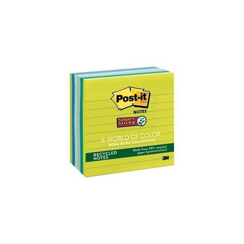 Post-it&reg; Super Sticky Lined Notes - Bora Bora Color Collection - 540 - 4" x 4" - Square - 90 Sheets per Pad - Ruled - Assorted - Paper - Self-adhesive - 6 / Pack