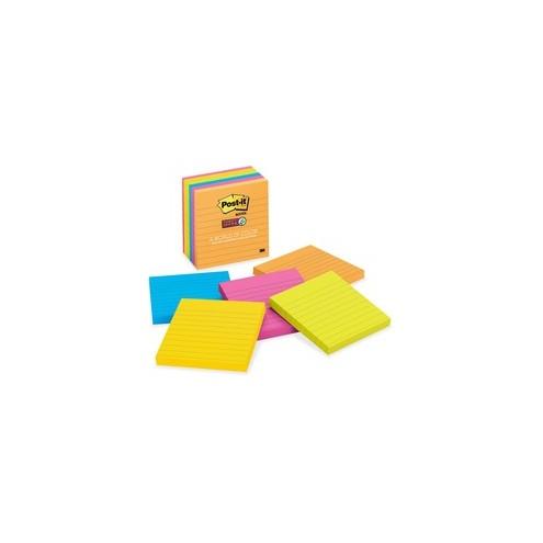 Post-it&reg; Super Sticky Lined Notes - Rio de Janeiro Color Collection - 540 - 4" x 4" - Square - 90 Sheets per Pad - Ruled - Assorted - Paper - Self-adhesive - 6 / Pack