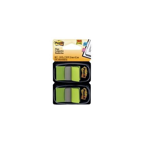 Post-it&reg; Flags - 2 Dispensers - 100 x Bright Green - 1" x 1.75" - Rectangle - Unruled - Bright Green - Removable, Self-adhesive - 100 / Pack